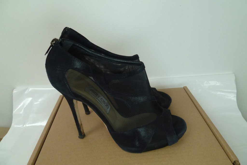 black metallic mesh heels