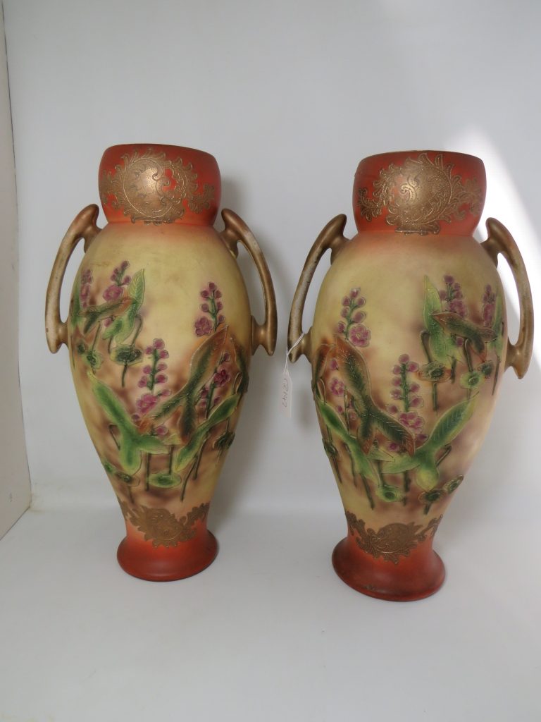 Pair of large Art Deco glazed earthenware twin-handled vases with orange and gold floral designs